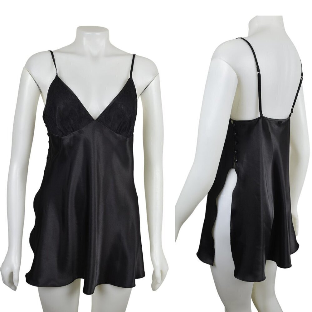 La Senza Slip Dress Nightgown Side Slits Lingerie Black Teddy Size Large